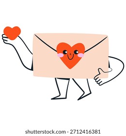 Elemento del sobre del carácter lindo con la expresión facial para el día de San Valentín. Ilustración vectorial aislada estilo Doodle.