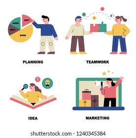 cute character explain business work. flat design style vector graphic illustration.