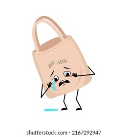 Cute character fabric bag with crying and tears emotion, sad face, depressive eyes, arms and legs. Shopper with melancholy face, ecological alternative to plastic bag. Vector flat illustration