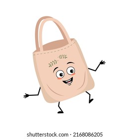Cute character fabric bag with happy emotions, joyful face, smile eyes, arms and legs. Shopper with funny face, ecological alternative to plastic bag. Vector flat illustration