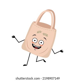 Cute character fabric bag with happy emotions, joyful face, smile eyes, arms and legs. Shopper with funny face, ecological alternative to plastic bag. Vector flat illustration