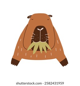 Cute Character Face Capybara with Grass. Capibara Mascot Kawaii. Hand Drawn Flat Vector Illustration