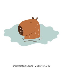 Cute Character Face Water Capybara. Capibara Mascot Kawaii. Hand Drawn Flat Vector Illustration