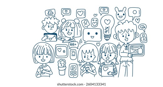 cute character faces doodle set in blue hand-drawn style