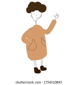 cute character. flat simple doodle cartoon illustration. person, man in a coat with a raised hand.  greeting gesture.  friendly expression.  curls on the head.  maybe a man and a woman.