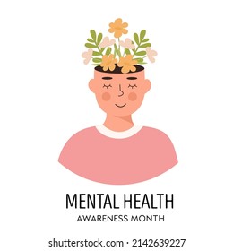 Cute character with flowers growing inside head. Psychotherapy concept. Mental Health Awareness Month square banner. Medical healthcare card. Vector illustration in flat style.