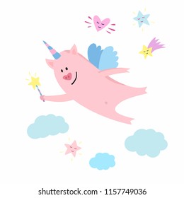 Cute character of flying unicorn pig with wings in cartoon style