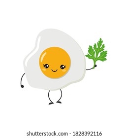Cute character fried eggs with sprig of parsley in kawaii style. Vector illustration