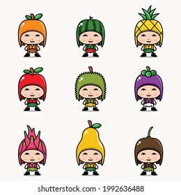 Cute character in fruit costumes cartoon vector illustration