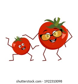Cute character funny grandmother and grandson tomato isolated on white background. The funny or sad hero, red fruit and vegetable. Vector flat illustration