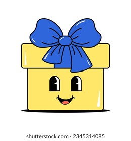 Cute character gift box with a face on a white background. Black friday, cyber monday and sale. Groovy style. Vector illustration.
