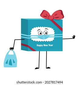 Cute character gift box for new year with bow and sad emotions, face and mask keep distance, hands with shopping bag and stop gesture. Festive packaging for Christmas