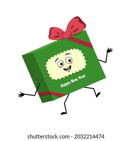 Feine Geschenkbox für das neue Jahr mit Bug und mit fröhlichen Emotionen, Tanz, Lächeln Gesicht, glücklichen Augen, Händen und Füßen. Festliche Weihnachtsverpackung