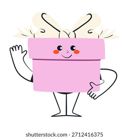 Caja de regalo del carácter lindo con el elemento de la cinta con la expresión facial para el día de San Valentín. Ilustración vectorial aislada estilo Doodle.