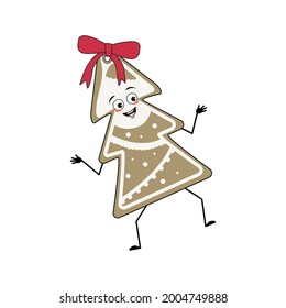 Cute character of gingerbread cookie in the shape of a Christmas tree cheerful with emotions, smile, hands and legs. Happy New Year sweets dancing. Holiday decoration with bow