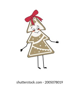 Der süße Charakter des Lebkuchenkochs in Form eines Weihnachtsbaumes, fröhlich mit Emotionen, Lächeln, Händen und Beinen. Fröhliche Neujahrssüßen. Feiertagsdekoration mit Bug