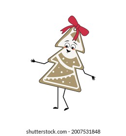 Cute character of gingerbread cookie in the shape of a Christmas tree cheerful with emotions, smile, hands and legs. Happy New Year sweets. Holiday decoration with bow