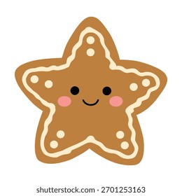 Un carácter lindo de galleta de estrella de jengibre con una cara sonriente y puntos de hielo blanco en Vector de diseño plano. Un Vector de Clipart de galletas de estrella de jengibre