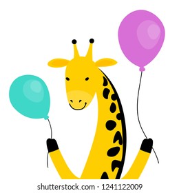 a cute character of giraffe animal with air balloons; vector illustration isolated on white
