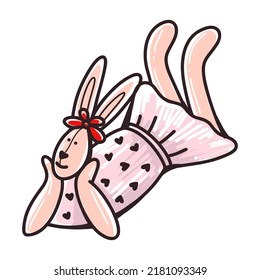 Cute character girl rabbit in red dress sketch. Character animal rabbit. Hand drawn vector illustration
