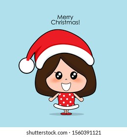 Cute character girl with santa costume. Christmas background. Christmas Greeting Card. Vector illustration.