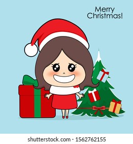 Cute character girl with santa costume. Christmas background. Christmas Greeting Card. Vector illustration.