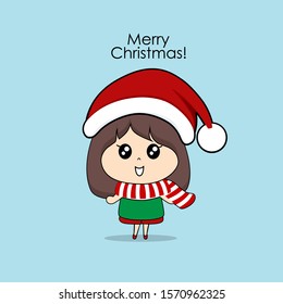 Cute character girl with santa costume. Christmas background. Christmas Greeting Card. Vector illustration.