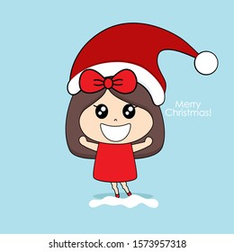 Cute character girl with santa costume. Christmas background. Christmas Greeting Card. Vector illustration.