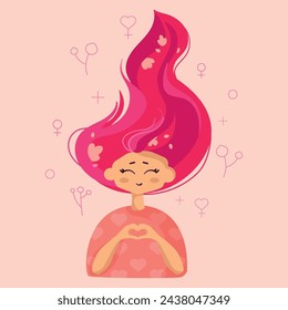 Personaje lindo Chica que muestra el corazón con manos. Mujer joven con el pelo rosa con las manos en forma de corazón. Vector 