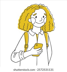 cute character girl student with a phone in her hand. line doodle illustration