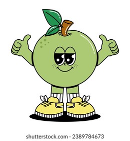 Cute character green Apple in groovy cartoon style. Trendy and modern illustration with funky comic mascot. Fresh fruit. 70s, 80s retro vibes. Vector art