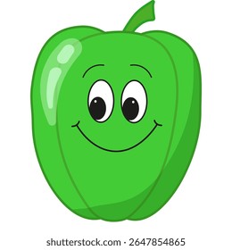 Cute character green bell pepper with outline on white background. Vegetable. Vector illustration for children's entertainment, book, print.