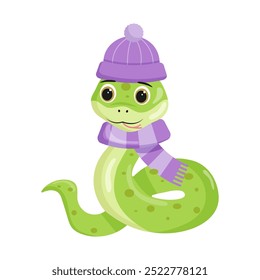 Cute character green snake in winter hat and scarf. New Year Symbol. Vector illustration isolated