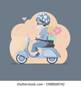 Cute character guy on scooters with flowers