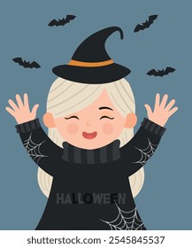 Cute Character Halloween Illustration with Woman, Girl Holding Bat and Wear Sweater, Magic Hat