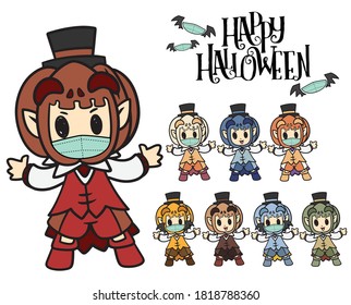 Cute character for Halloween keep safe distance and wearing protective mask.