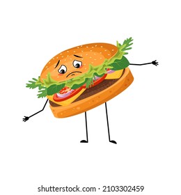 Cute character hamburger with crying and tears emotion, sad face, depressive eyes, arms and legs. Fast food person, sandwich with melancholy expression. Vector flat illustration of products