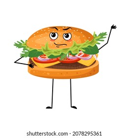 Cute character hamburger with emotions of a hero, a brave face, arms and legs. Cheerful fast food person, sandwich with courage expression. Vector flat illustration of products and meat meals