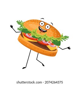 Cute character hamburger with happy emotions, face, smile, eyes, arms and legs. Cheerful fast food person, sandwich with joyful expression. Vector flat illustration of products and meat meals