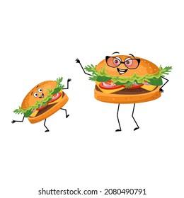 Cute character hamburger with happy emotions, face, smile, eyes, arms and legs. Cheerful fast food, grandmother with glasses and grandson. Vector flat illustration of products and meat meals