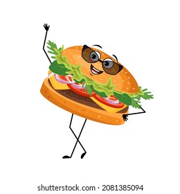 Cute character hamburger with happy emotions, face, smile, eyes, arms and legs. Cheerful fast food person, sandwich with joyful expression. Vector flat illustration of products and meat meals