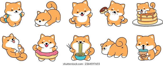 Carácter lindo del perro shiba u feliz y atractivo en el estilo de ilustración vectorial