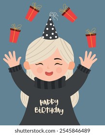 Cute Character Happy Birthday Illustration with Woman, Girl Holding Present and Wear Party Hat, Sweater