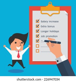 Cute character of happy businessman jumping and raising hands beside clipboard with check list.