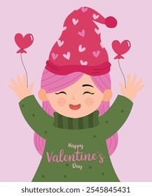 Cute Character Happy Valentine's Day Illustration with Woman, Girl Holding Balloons Love and Wear Sweater