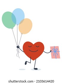A cute character heart for a festive Valentine's Day stands with a flower and balloons. Personality smile. Flat vector illustration