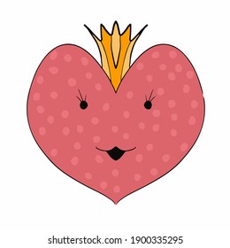 cute character heart queen, yellow crown on a red heart, pink polka dot, vector illustration
