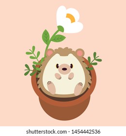 The cute character of hedgehog sitting in the plant pot have a white flower in the flat vector style.