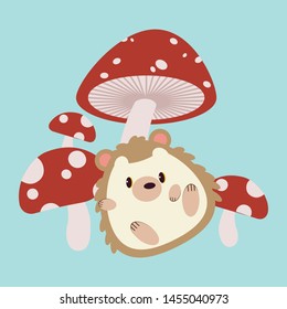 The cute character of hedgehog sitting under the red mushroom in the flat vector style.