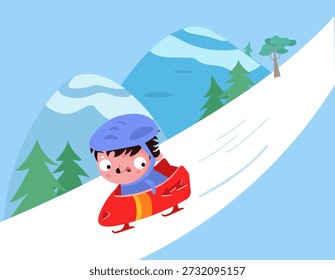 Netter Charakter Igel in Schlitten. Bobsport und Winterwettkämpfe. Vektorgrafik auf flachem Hintergrund für Kinderbücher. 